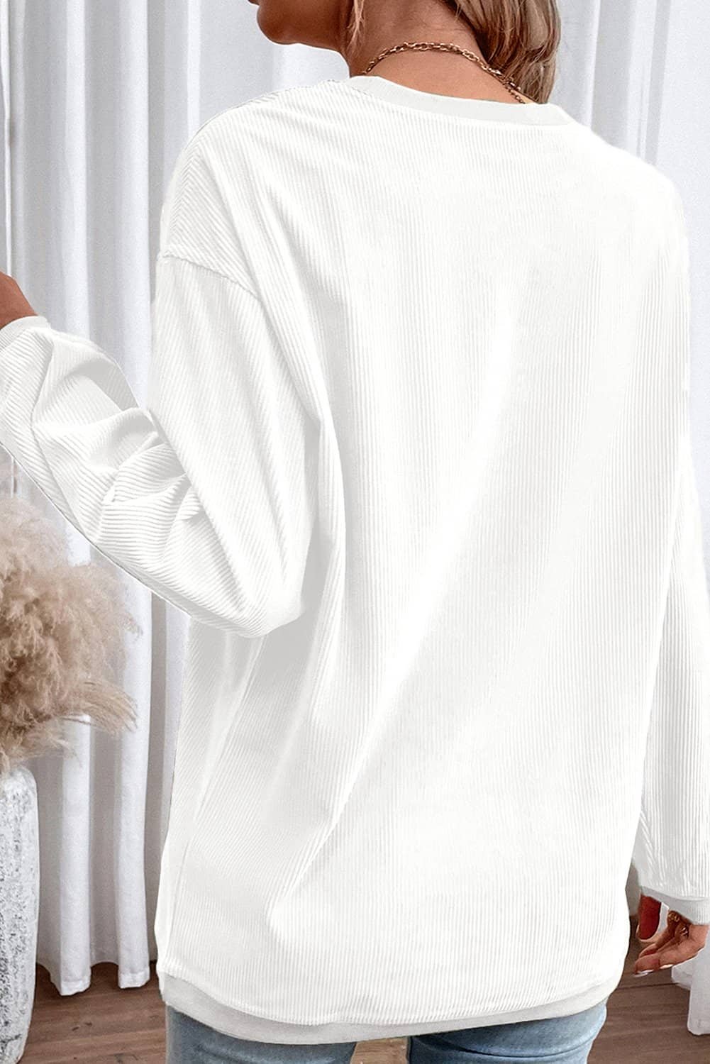 White Joy To The World Ribbed Crewneck Pullover Sweatshirt