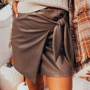 Coffee Bowknot Faux Leather Mini Skirt
