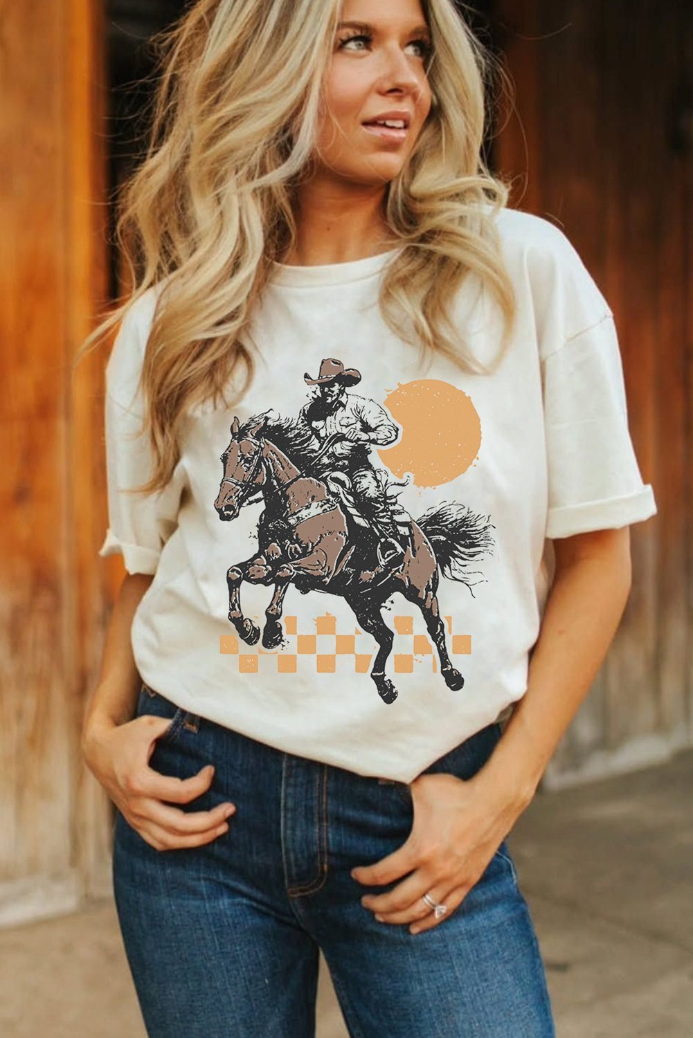 White Sunset Cowboy Print Western Fashion T Shirt