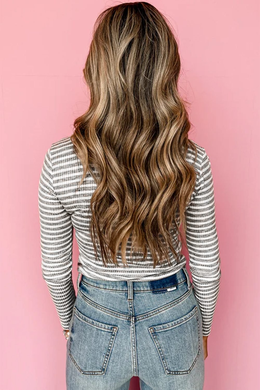 Gray Stripe Ribbed High Neck Slim Fit Long Sleeve Top