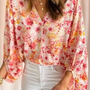 Pink Ditsy Floral Bubble Sleeve V Neck Blouse