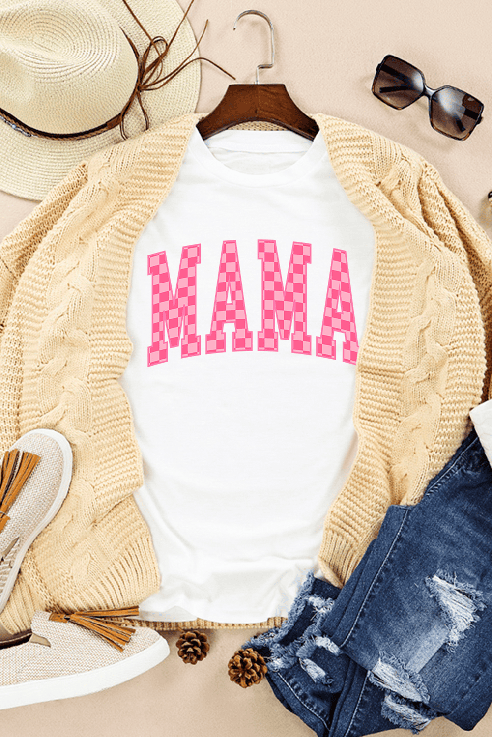 White Checkered Mama Letter Graphic T Shirt