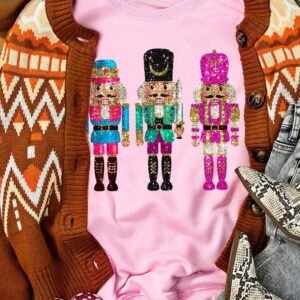 Pink Cute Nutcracker Printed Drop Shoulder Christmas Sweatshirt