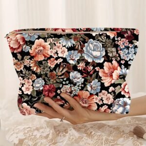 Black Flower Print Zipper Ribbed Corduroy Large Makeup Bag
