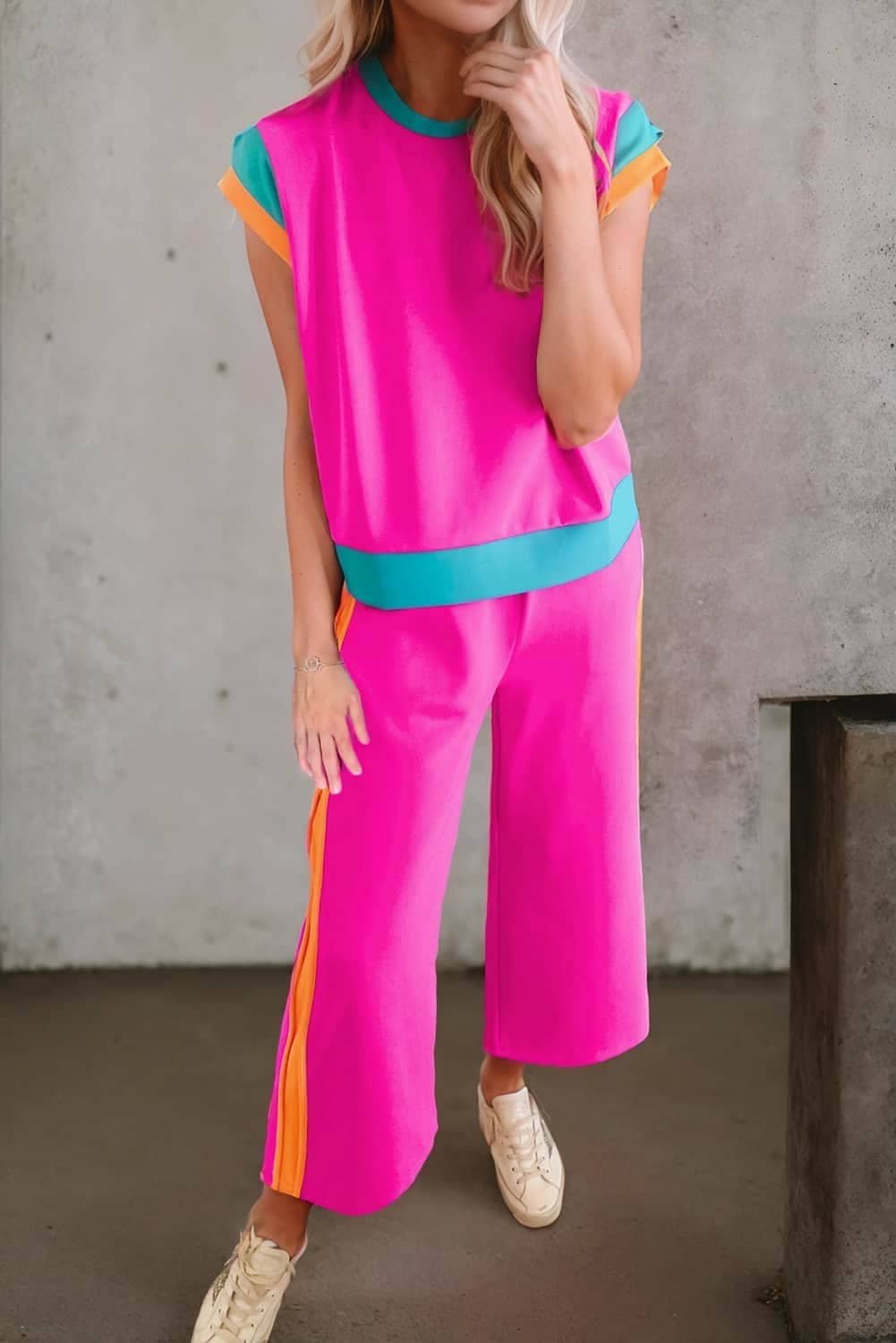Strawberry Pink Color Block Detail Casual Two-Piece Set