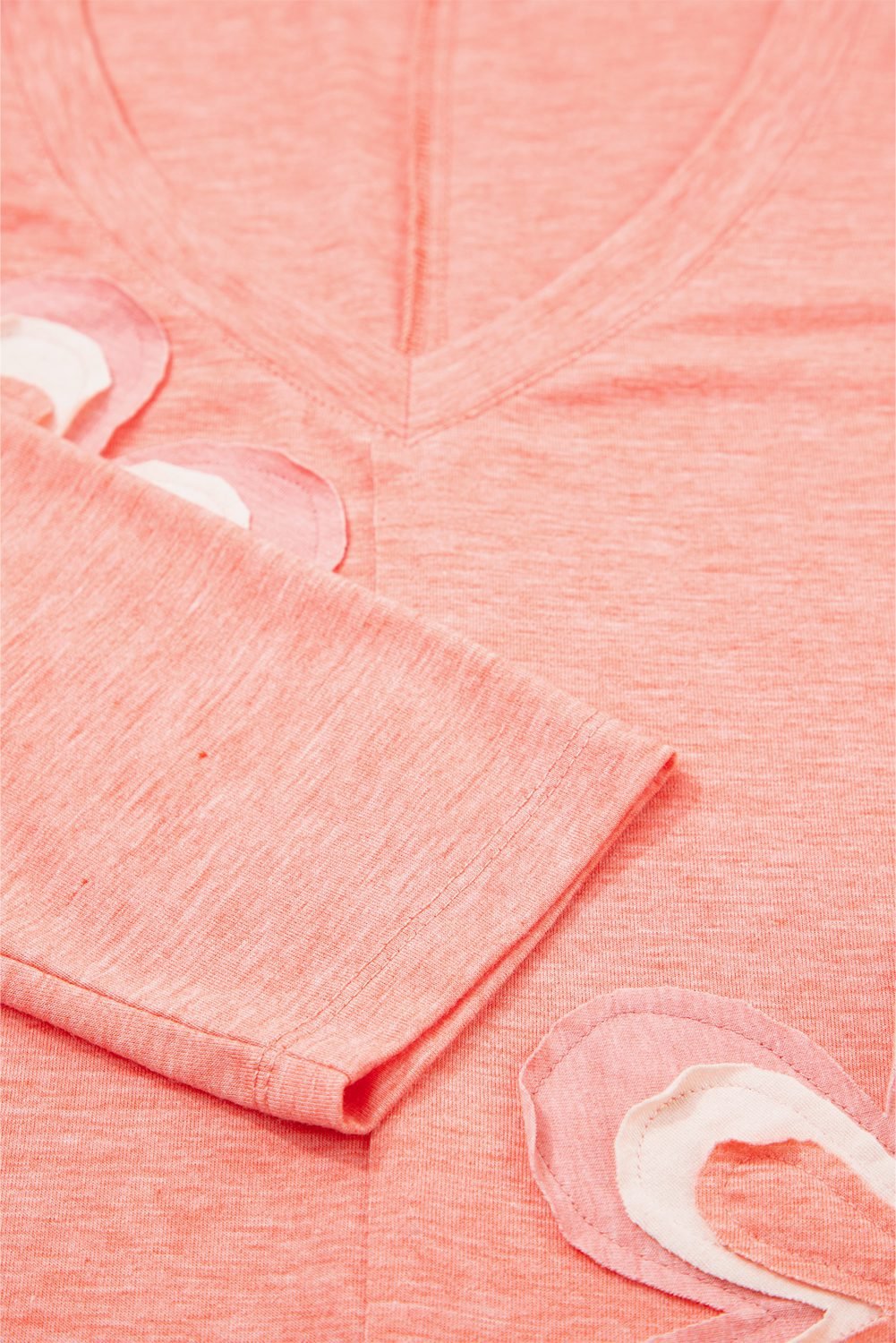 Fresh Salmon Floral Patchwork V Neck Long Sleeve T Shirt