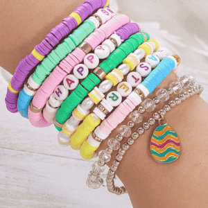 Gold Happy Easter Polymer Clay Beaded Bracelet