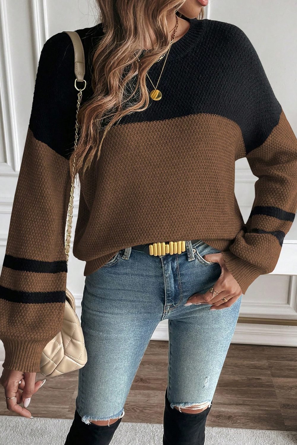Dark Brown Color Block Knit Striped Sleeve Detail Casual Sweater