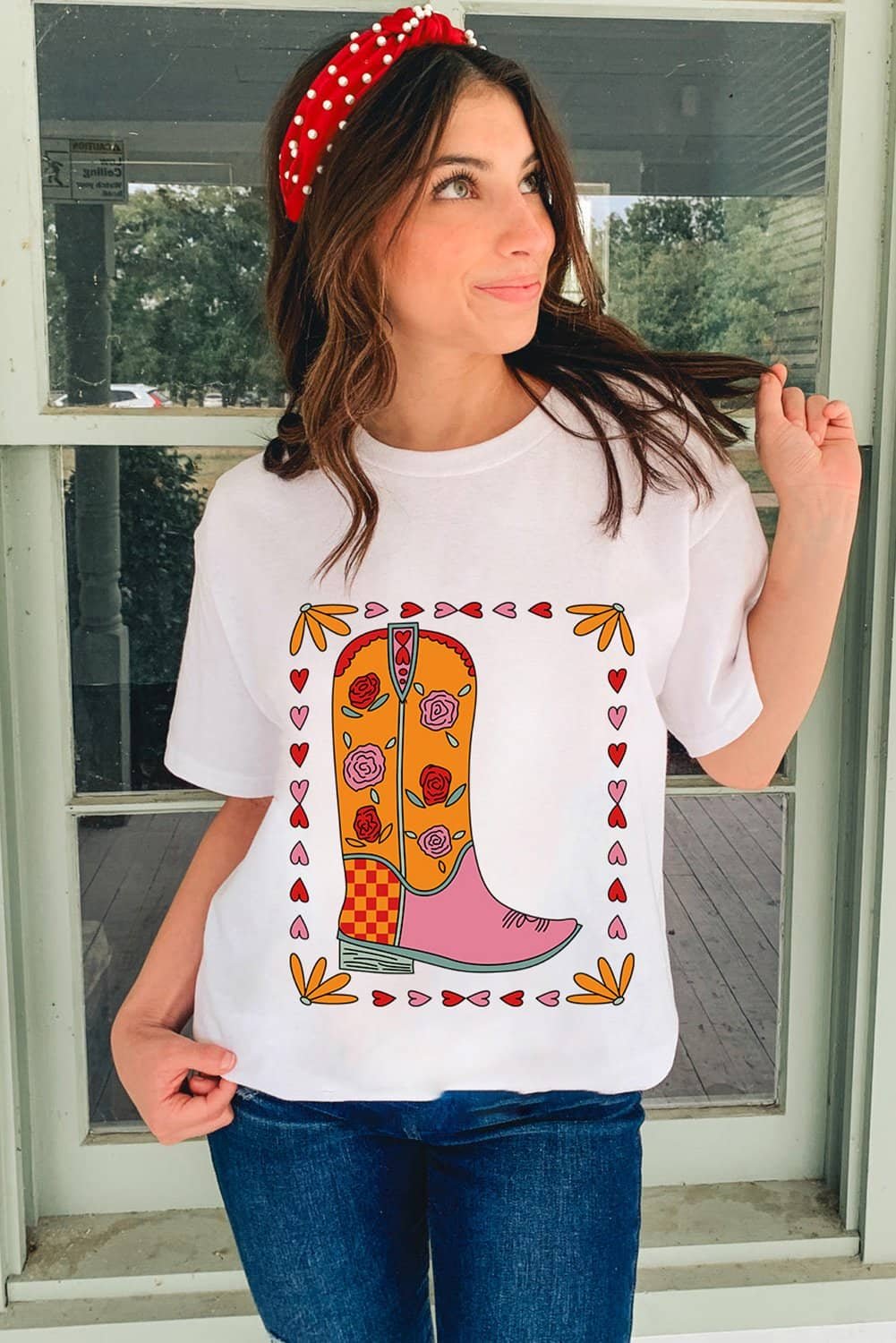 White Floral Cowgirl Boots Printed Casual T Shirt