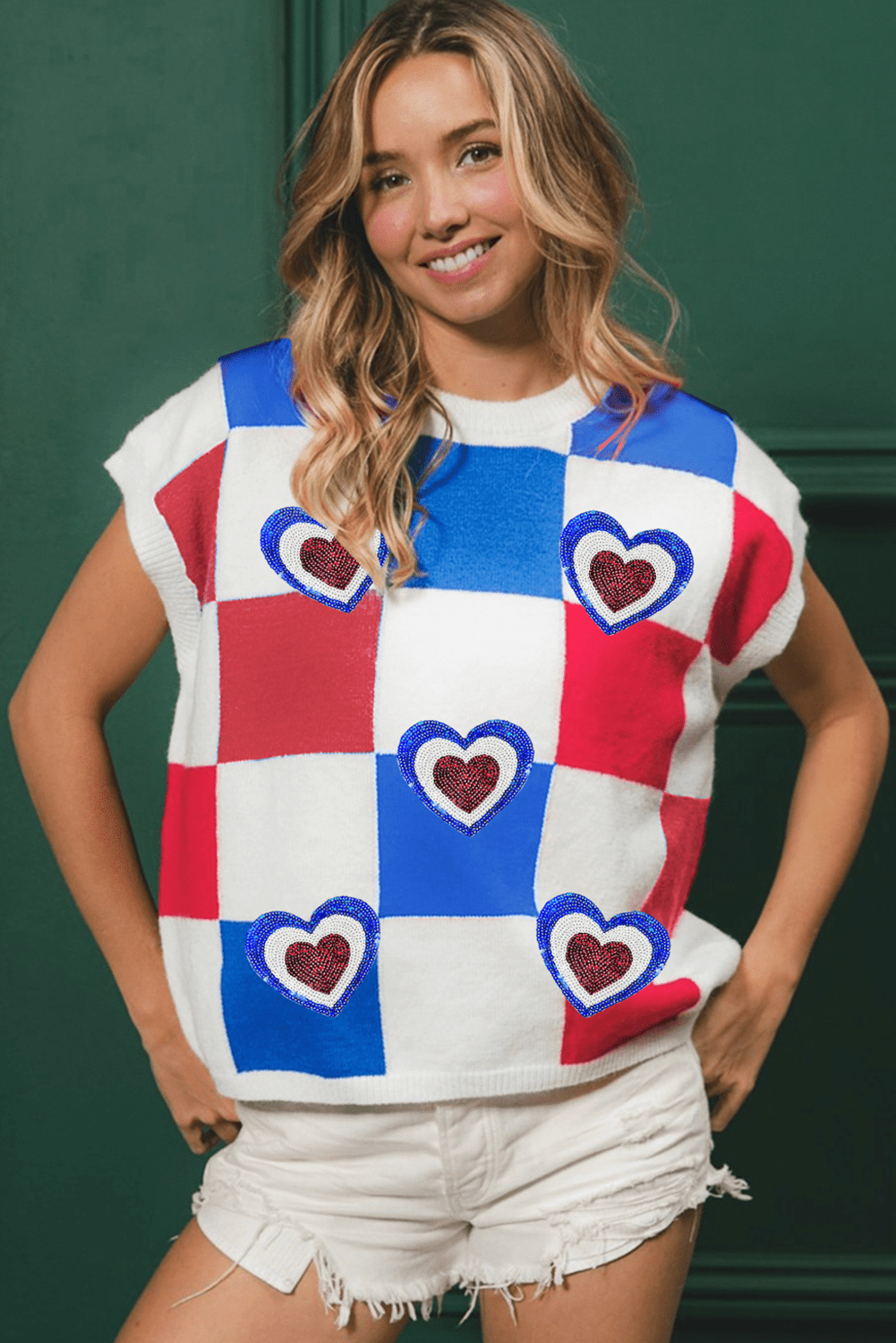 White Usa Flag Inspire Colorblock Plaid Sequin Heart Graphic Short Sleeve Sweater