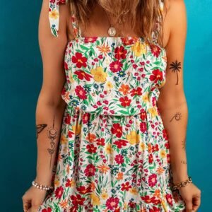 Red Floral Knotted Straps Cinched Waist Ruffle Hem Mini Dress