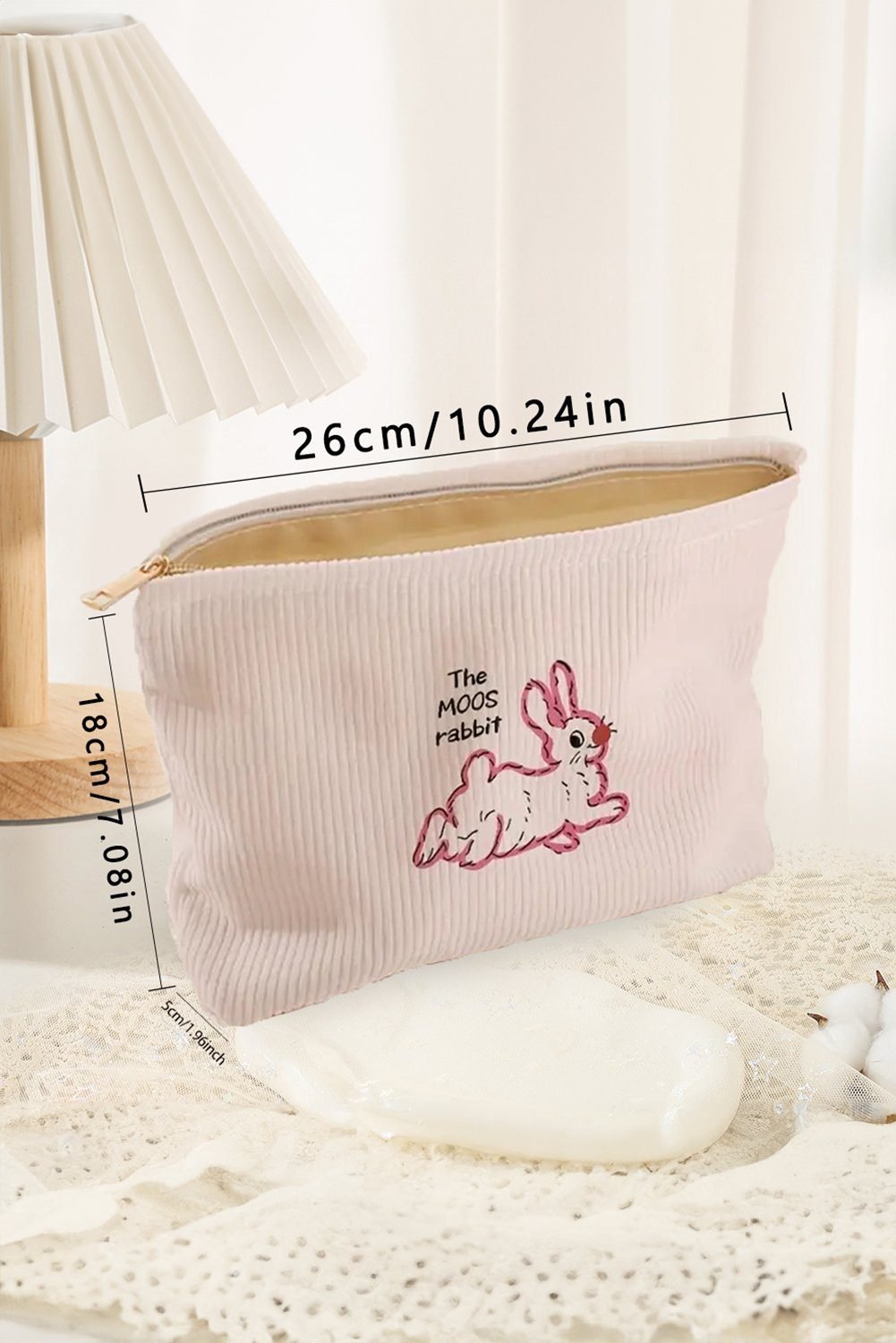 White Easter Rabbit Print Corduroy Makeup Storage Bag
