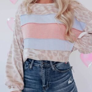 Leopard Animal Print Contrast Stripes Patchwork Puff Sleeve Knit Top