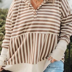 Brown Stripe Quarter Buttons Drop Sleeve Plus Size Hoodie