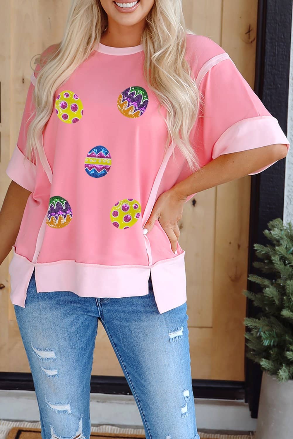 Peach Blossom Sequined Easter Eggs Contrast Patchwork Detail Short Sleeve Blouse