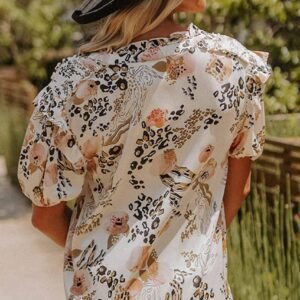 Gold Leopard Floral Print Split Neck Puff Sleeve Blouse
