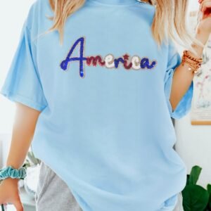 Light Blue Sequin America Graphic Crewneck Patriotic T Shirt