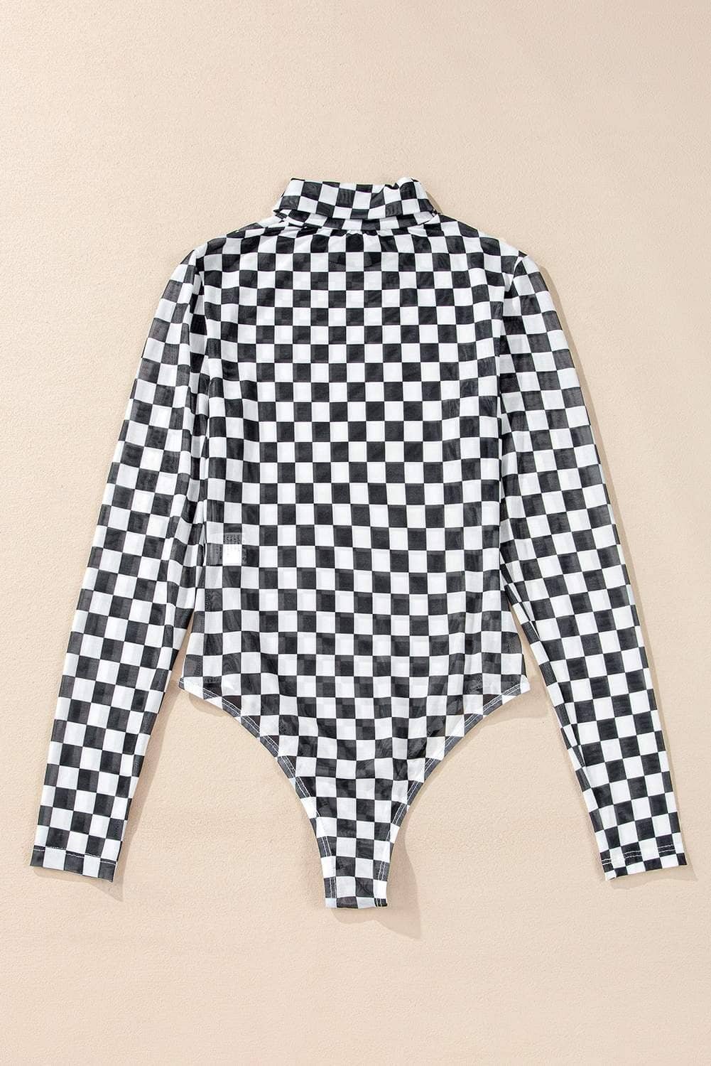 Black Checkered Printed Long Sleeve High Neck Bodysuit