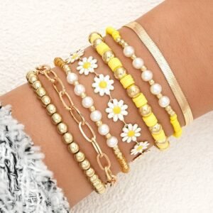 Gold Daisy Beaded Chain Adjustable Multi Layer Bracelet Set