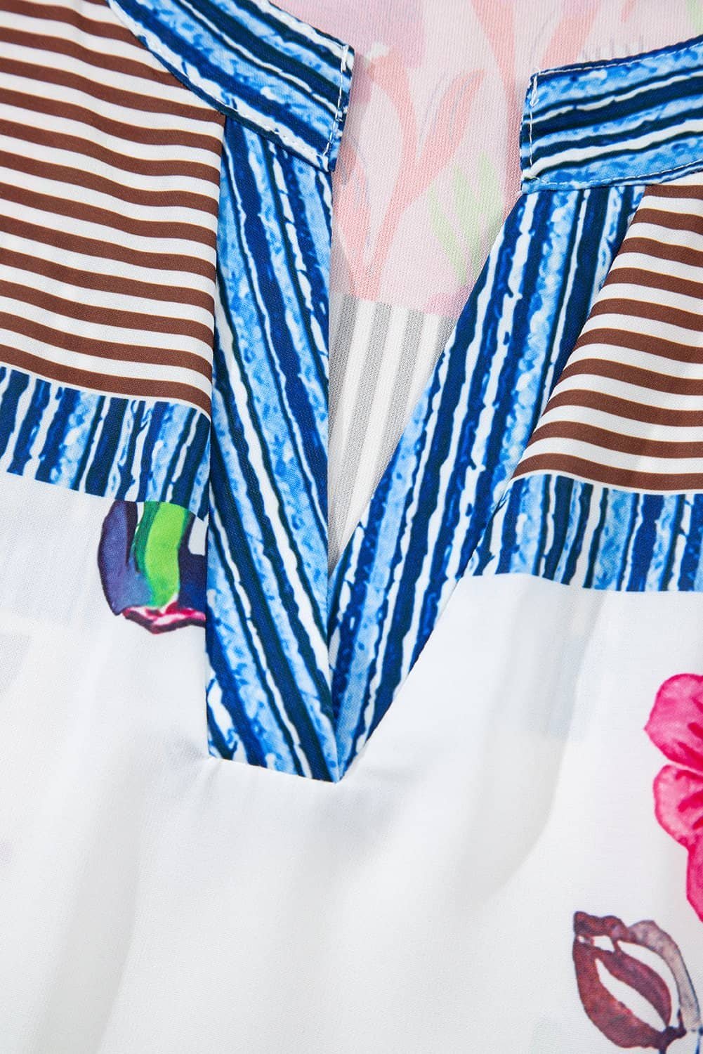 Pink Floral Striped Patchwork Short Sleeve Split Neck Blouse