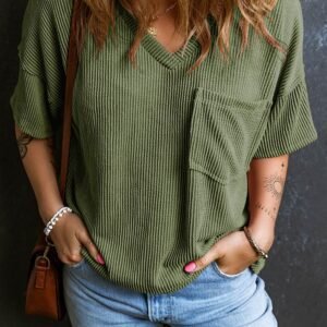 Jungle Green Corded V Neck Chest Pocket Loose T-Shirt