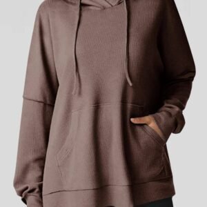 Coffee Waffle Knit Fleece Lined High Low Oversized Hoodie