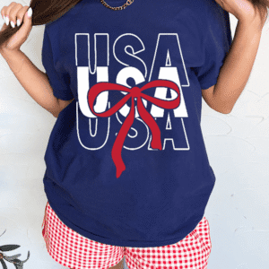 Blue Usa Bow Printed Casual Cotton Blend T Shirt