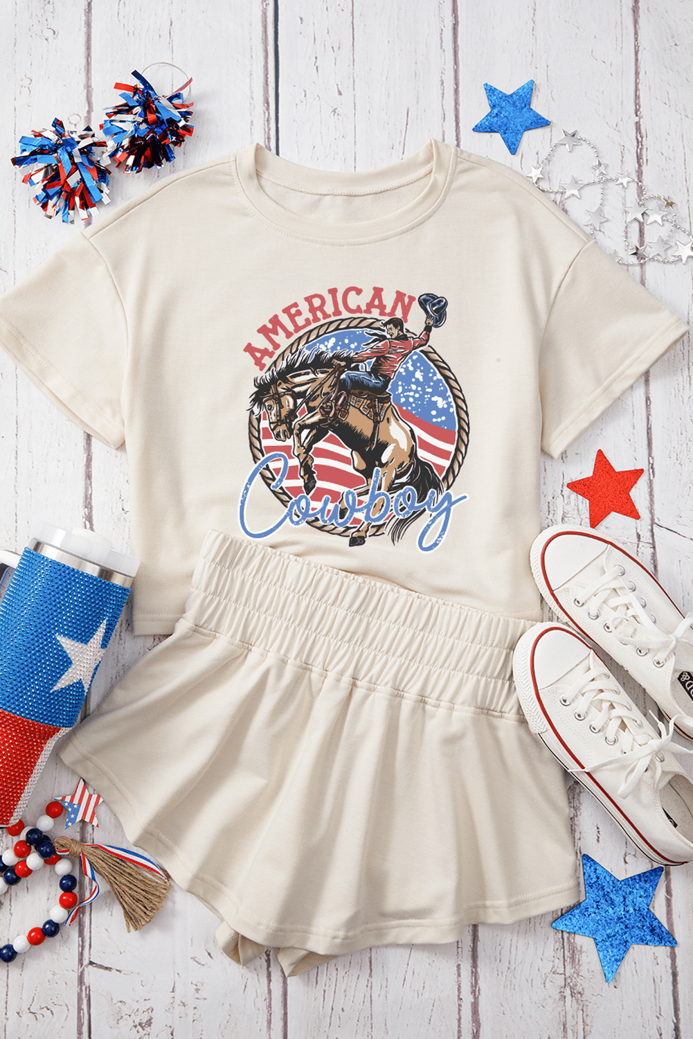 Beige American Cowboy Western Graphic Tee And Ruffle Skort 2Pcs Set