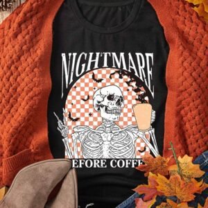 Black Nightmare Before Coffee Skull Checkerboard Graphic Halloween Tee