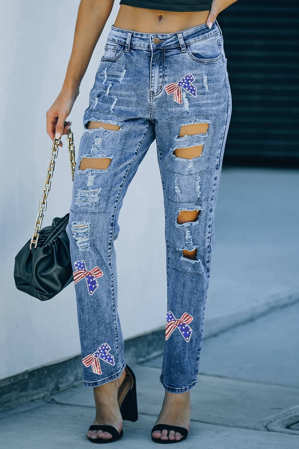 Light Blue Flag Pattern Inspired Sequin Bow Graphic Distressed Jeans