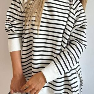 Black Stripe Raglan Sleeve Side Slits Loose Sweatshirt