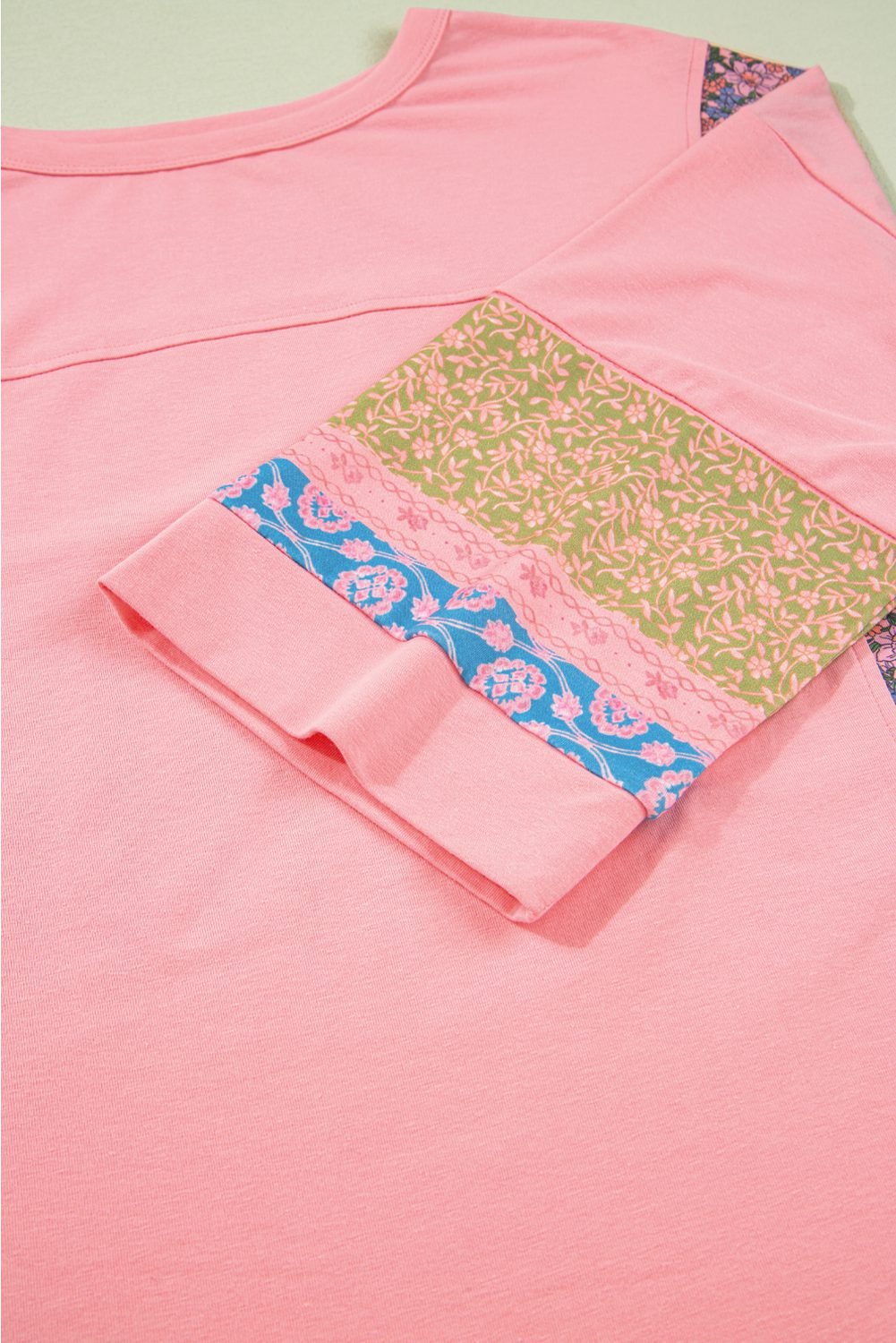 Gossamer Pink Floral Color Block Patchwork Long Sleeve Top