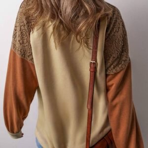 Khaki Lace Patchwork Colorblock Drop Shoulder Sweatshirt