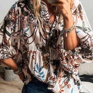 White Floral Print Balloon Sleeves Button Up Loose Casual Shirt