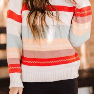 Crew Neck Drop-Shoulder Striped Color Block Sweater