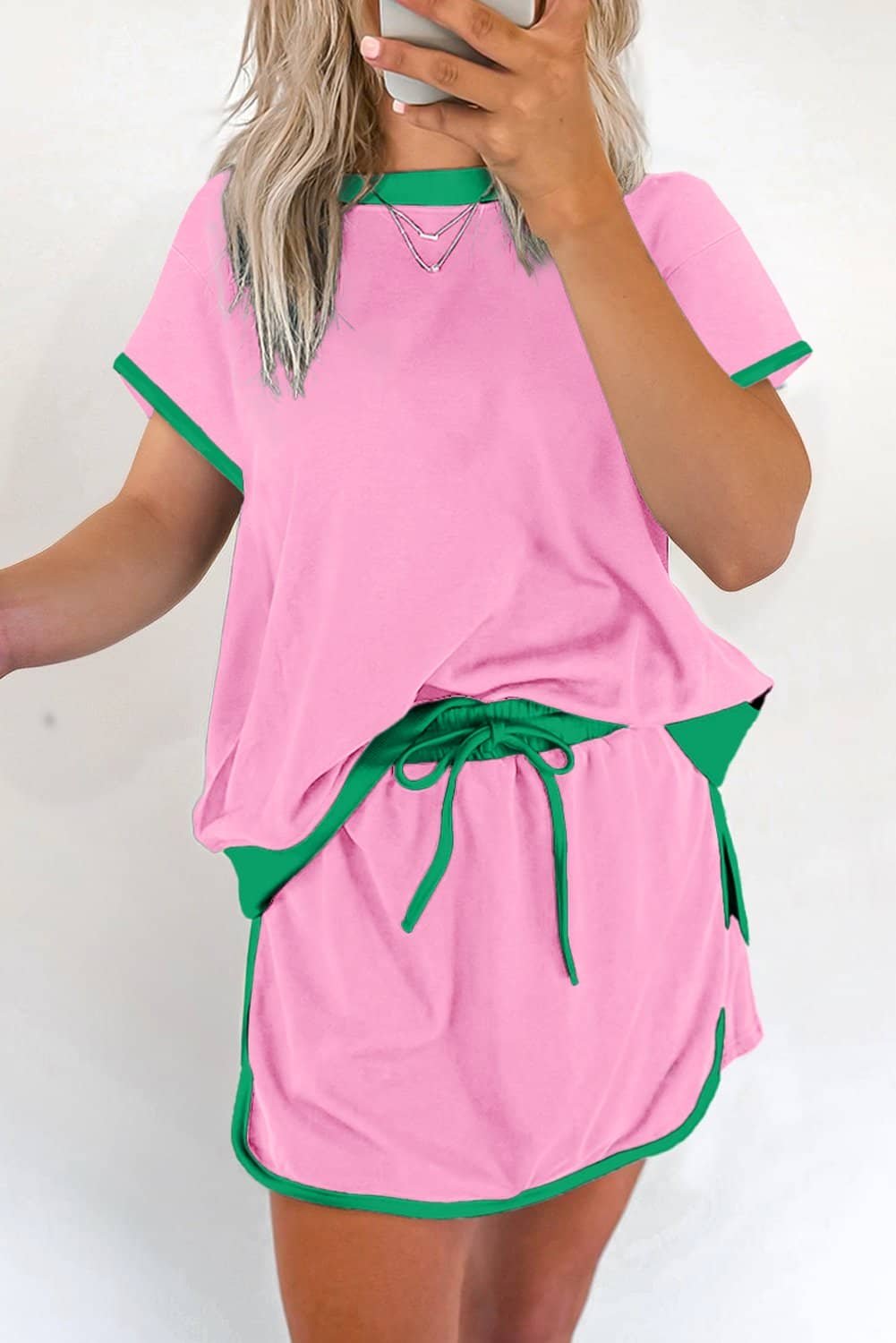 Bonbon Colorblock Edge Drop Shoulder T Shirt And Skort 2Pcs Set