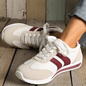 White Color Block Patchwork Breathable Lace-Up Sneakers