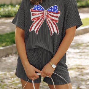 Carbon Grey Independence Day Sequin Bow Graphic Twist Rib Textured Short Set