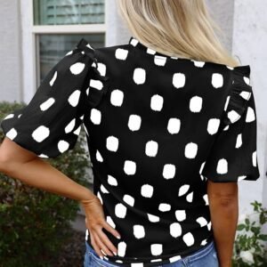 Black Polka Dot Print Shirred Yoke Notched Neck Balloon Sleeve Blouse