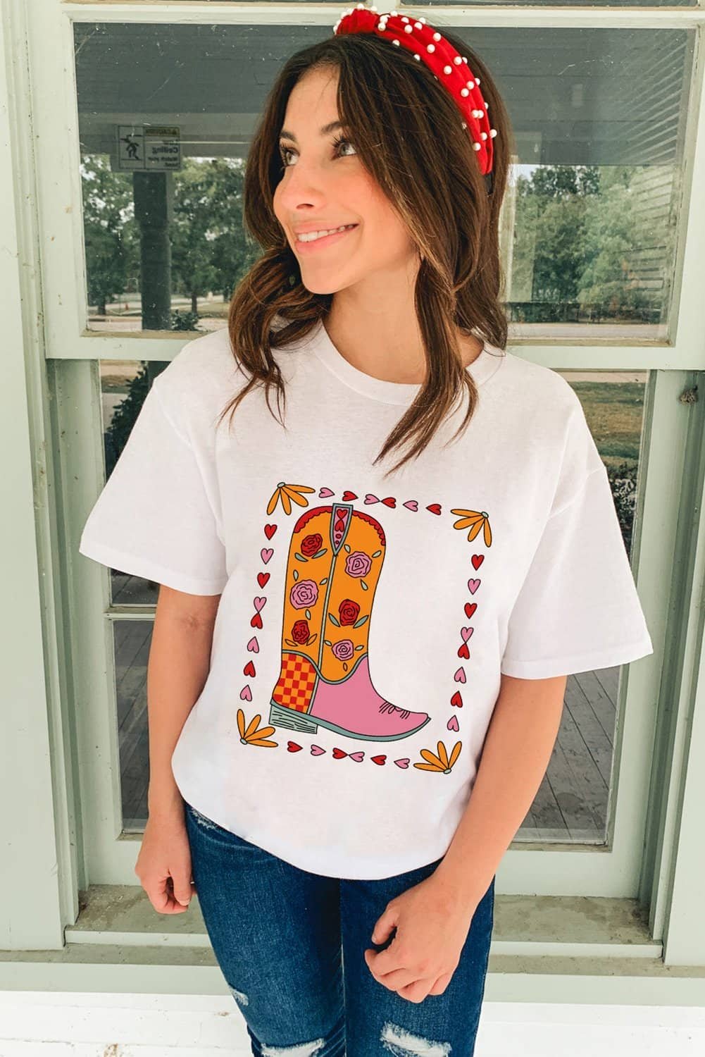 White Floral Cowgirl Boots Printed Casual T Shirt