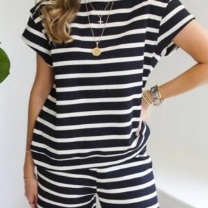 Black White Striped Short Sleeve Top And Shorts Set