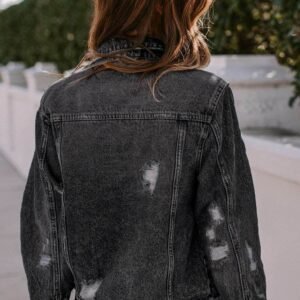 Black Lapel Distressed Raw Hem Buttons Denim Jacket