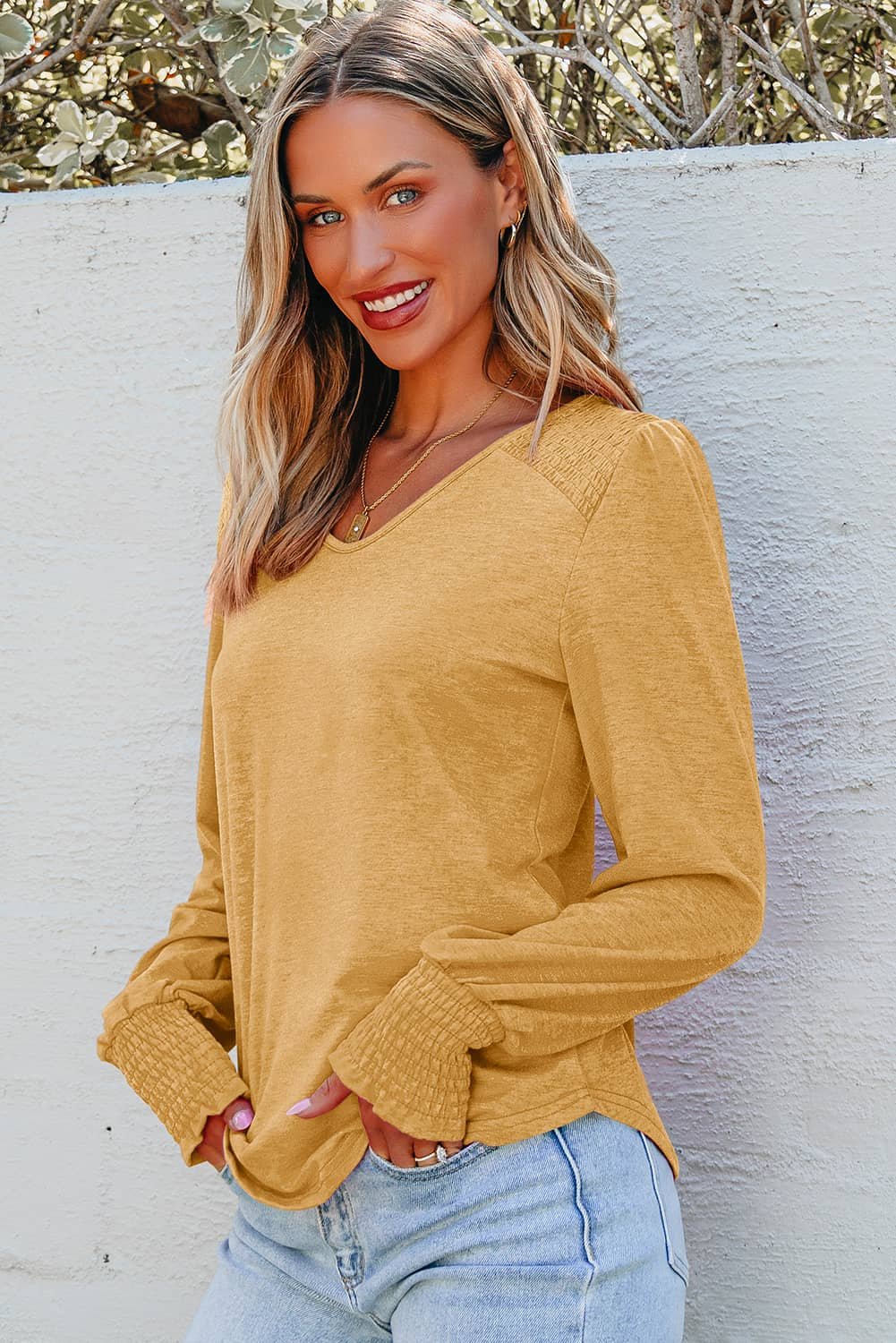 Beige Shirred Shoulder Frilled Cuffs Long Sleeve Top