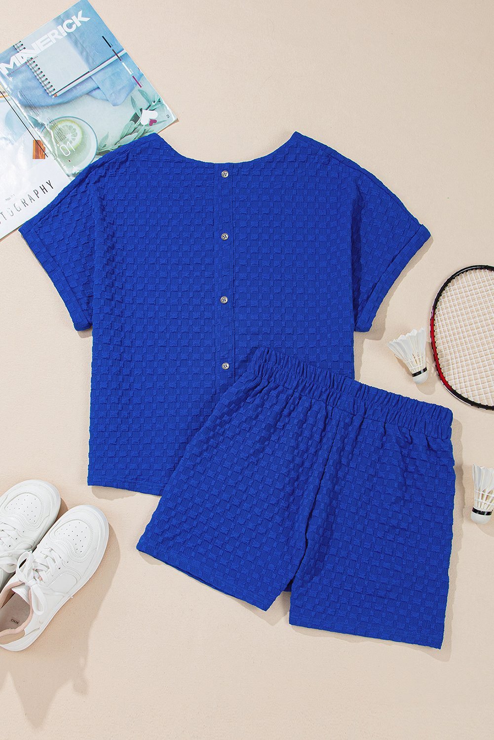 Sky Blue Jacquard Textured Buttoned Tee And Shorts Set