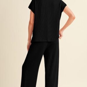 Black Solid Color Corded Short Sleeve Top And Casual Pants Set