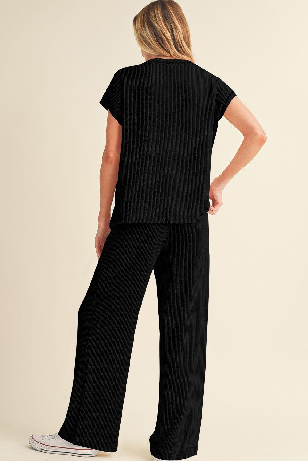 Black Solid Color Corded Short Sleeve Top And Casual Pants Set