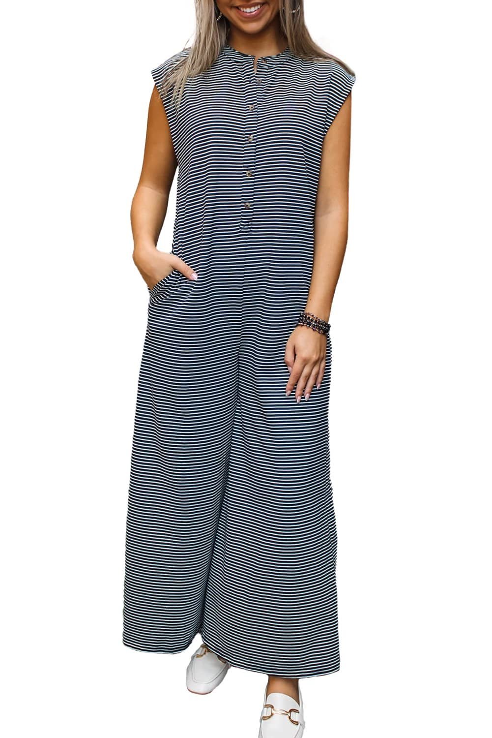 Black White Striped Print Buttoned Wide Leg Sleeveless Jumpsuit