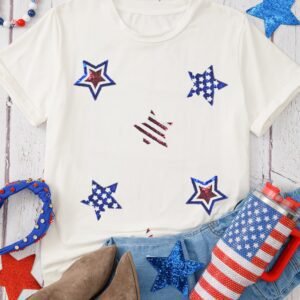 White Usa Sequin Stars Patched Casual T Shirt