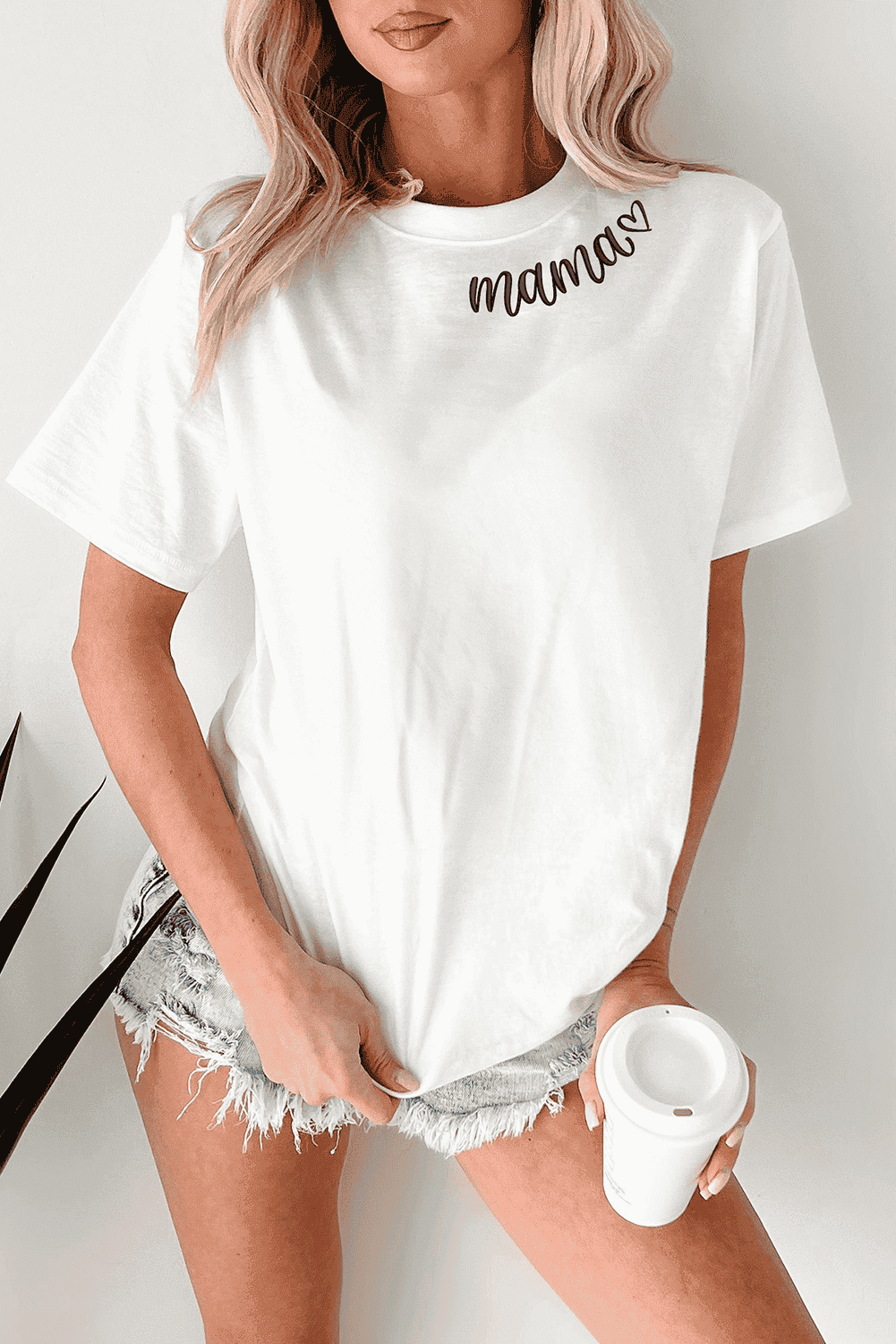 White Mama Heart Embroidered Crew Neck T Shirt