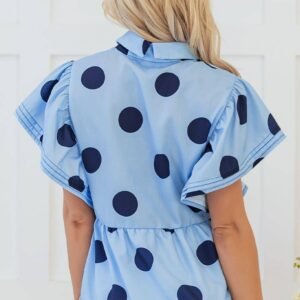 Sky Blue Polka Dot Print Ruffled Short Sleeve Buttoned Collared Blouse
